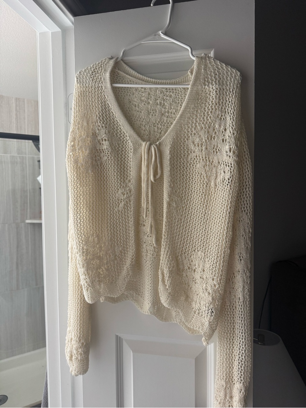 Cream Crochet Open-Knit Tie-Front Top